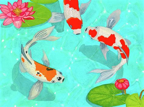 Great savings & free delivery / collection on many items. Three Koi Fish In Sunlit Lotus Pond Painting by Deborah League