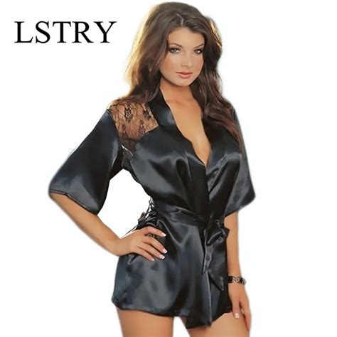 Lstry New Hot Sexy Lingerie Plus Size Satin Lace Black Kimono Intimate