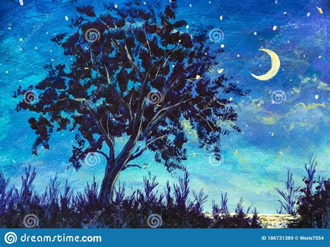 Oil Painting Night Landscape Starry Night Sky With Moon And Lonely