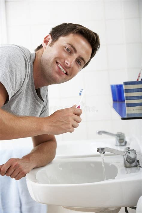 Man In Bathroom Brushing Teeth Stock Photo Image Of Dental Male