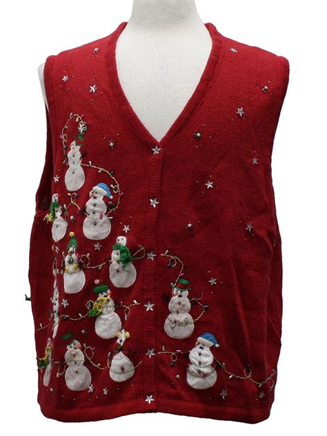 ugly christmas sweater vest no label unisex red background ramie cotton blend button front