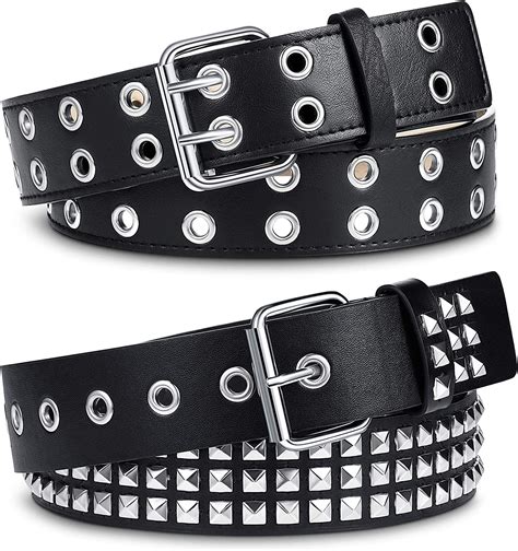 2 Pieces Studded Belt Double Grommet Belt Gothic Punk Belt For Women