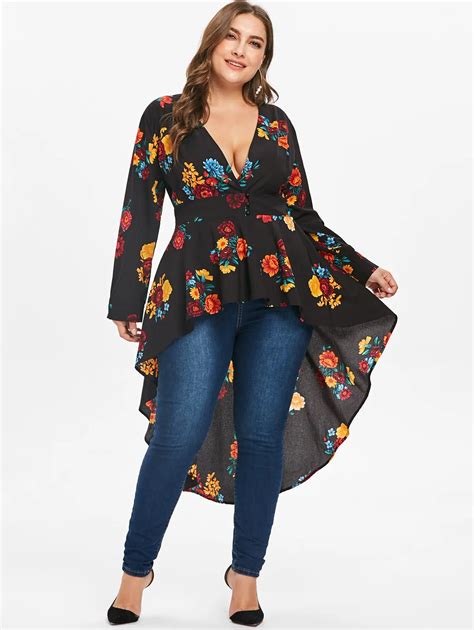 Wipalo Plus Size Sexy V Neck Floral High Low Tunic Blouses Women Tops New Fashions Fall T Shirt