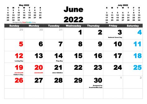 2022 Monthly Calendar Printable June 2022