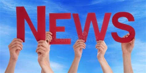 Many People Hands Holding Red Word News Blue Sky Stock Image Image Of