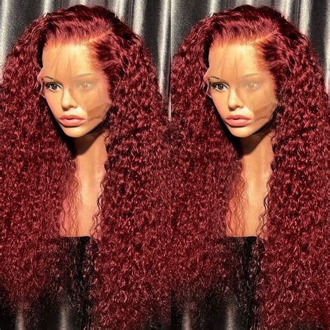 32 Inch 99j Colored Lace Front Human Hair Wigs Loose Deep Wave Burgundy 13x4 Lace Frontal Red