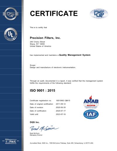 Pfis Iso 90012015 Certificate Precision Filters Inc