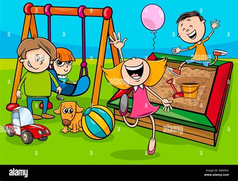 Cartoon Illustration Of Children Characters Group On Playground Stock