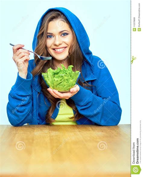Vegetable Diet Concept Woman Eating Salad Stock Image Image Of
