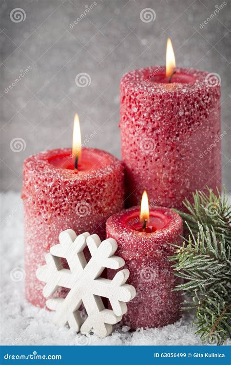 Three Red Candles On Gray Background Christmas Decoration Advent Mood