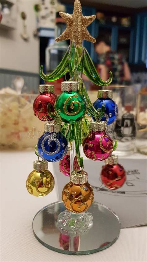 Miniature Glass Christmas Tree With Colorful Christmas Ornaments In Shape Of Glass Balls