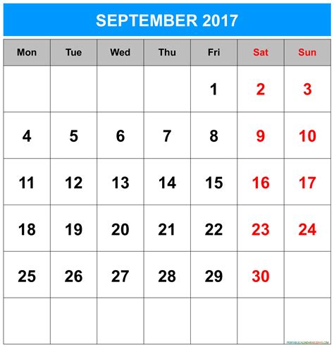 September 2017 Calendar Printable Calendar Template 2020 2021