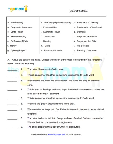 Printable Catholic Mass Worksheets