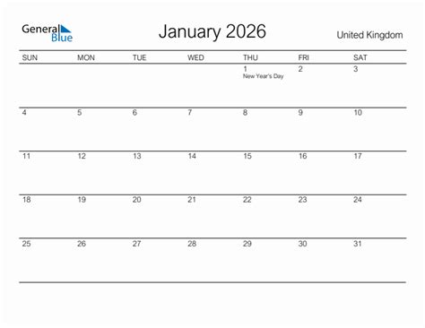 Printable January 2026 Monthly Calendar With Holidays For United Kingdom