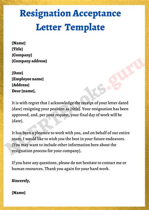 Resignation Acceptance Letter Format Samples Template