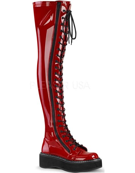 Emily Red Patent Low Heel Thigh High Gothic Boot Boots For Women