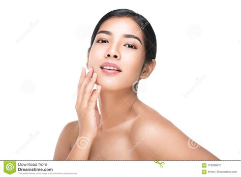 Portrait Of Beautiful Skin Care Woman Enjoy And Happytouching Her Face With Clipping Path