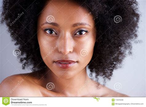 Close Up Beautiful African Woman With Curly Hair And Naked Shoulders Stock Photo Image Of