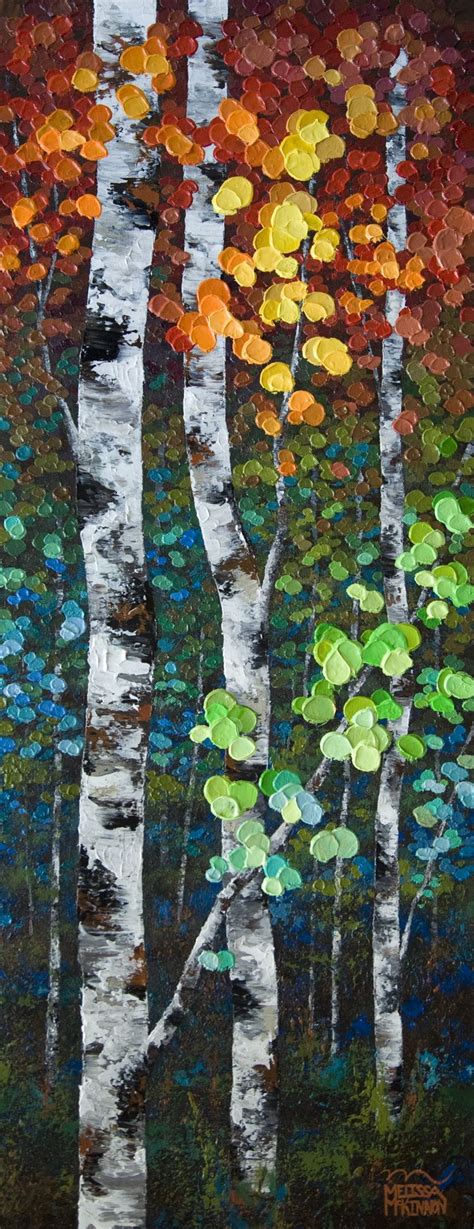 Colourful Autumn Fall Birch And Aspen Tree Painting By Contemporary