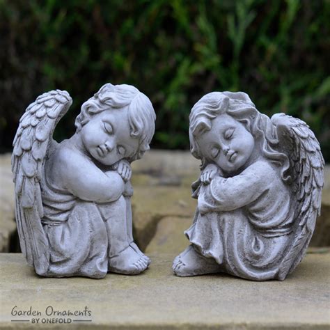 Resting Angels Pair Stone Garden Ornament Cherub Angel