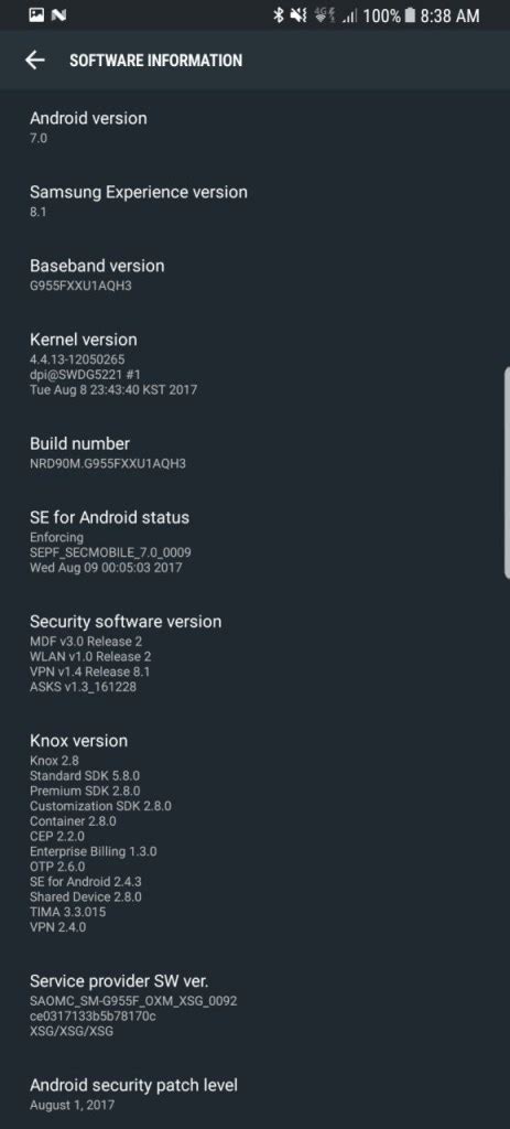 Samsung Galaxy S8 Plus August 2017 Security Patch G955fxxu1aqh3 Is