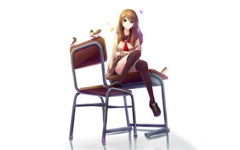 Wallpaper Illustration Birds Anime Girls Sitting Chair Thigh