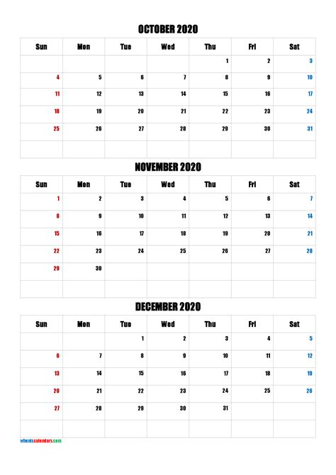 October November December 2020 Calendar Pdf Template Codeimpa4