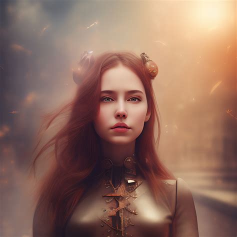 Detailed Close Up Portrait Of Girl Standing In A Steampunk City