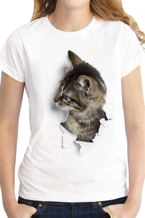 Iyasson Cute Cat Print T Shirt In White T Shirts For Women Casual T