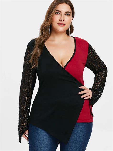 Wipalo Plus Size Lace Panel Sleeve Black And Red Two Tone Patchwork T Shirt Casual Plunging Neck