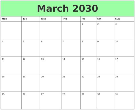 March 2030 Printable Calendars
