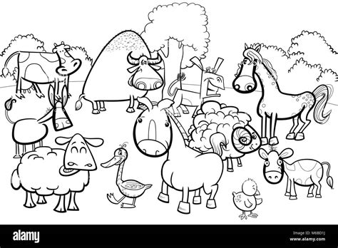 Black And White Cartoon Illustration Of Cute Farm Animal Characters
