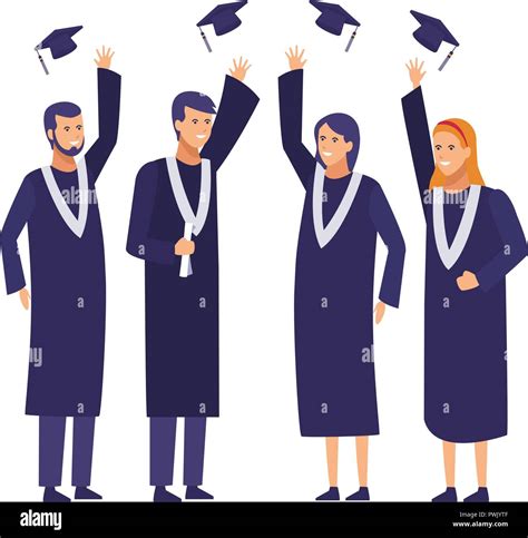 Students With Gowns On Graduation Celebration Vector Illustration