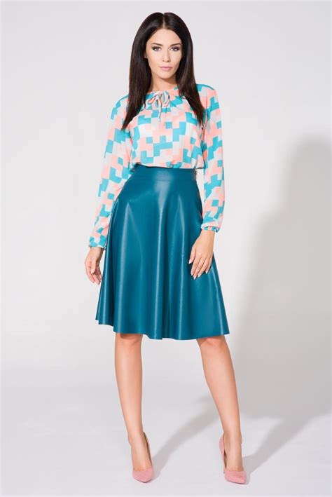 Sea Blue Flared Midi Eco Leather Skirt