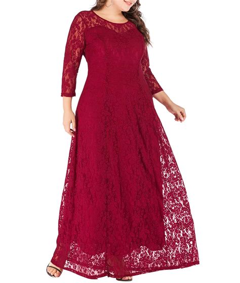 Lalagen Womens 34 Sleeve Floral Lace Long Plus Size Wedding Formal Party Dress Wine 6x
