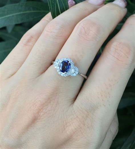 070ct Royal Blue Sapphire Deco Engagement Ring Vintage Oval Sapphire