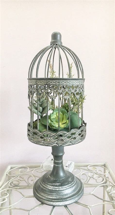 How tall should a tabletop be for a bird table? Lighted succulent arrangement - pedestal bird cage decor ...