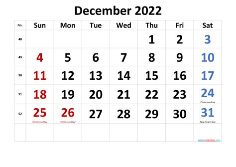 December Calendar 2022 With Holidays Calendar Template 2022