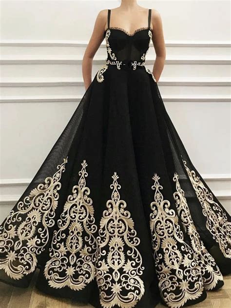 Sweetheart Neck Black Prom Dress With Gold Lace Black Gold Lace Formal Evening Dresses In 2021
