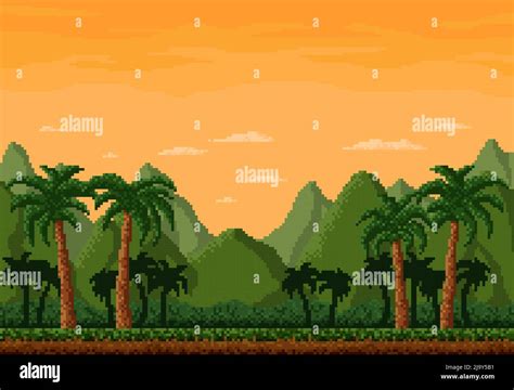 8bit Pixel Jungles Landscape Game Level Background With Forest Trees