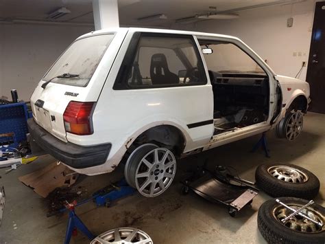 Here's my '87 Toyota Starlet, plan is a street legal race car with a