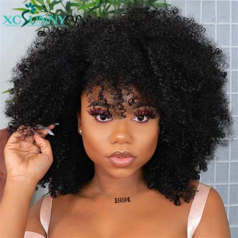 Afro Kinky Curly Wig Human Hair Wigs With Bangs 200 Density Remy Brazilian Full Machine Made