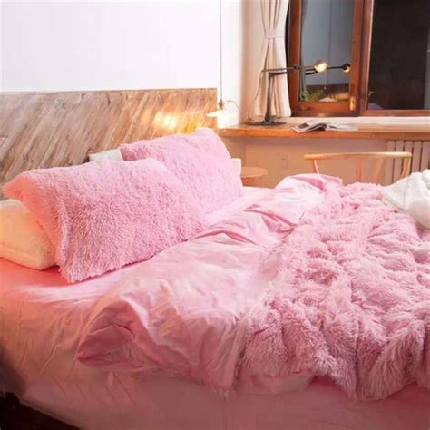 Full Size Solid Pink Princess Style Luxury 4 Piece Fluffy Bedding Sets Imtinanz