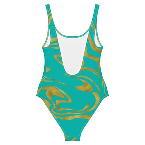 Turquoise Gold Foil Womens Swimsuit One Piece Swimwear Etsy Uk