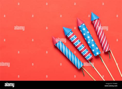 4th Of July Fireworks On Red Background Independence Day Banner Stock