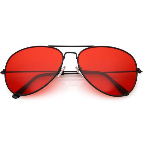 Retro Unisex Large Red Tinted Lens Metal Aviator Sunglasses Zerouv