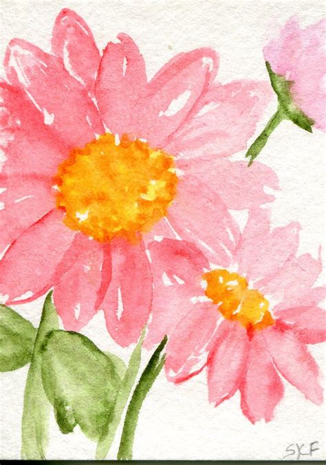 Aceo Pink Daisies Watercolor Painting Small Flowers Painting Etsy