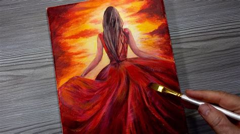 Red Dress Sunset Acrylic Painting How To Step By Step For Beginners