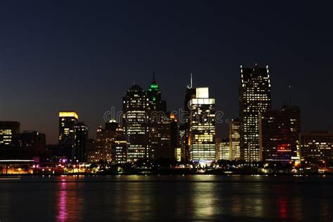 Detroit Skyline At Night Stock Image Image Of Reflection 2310973