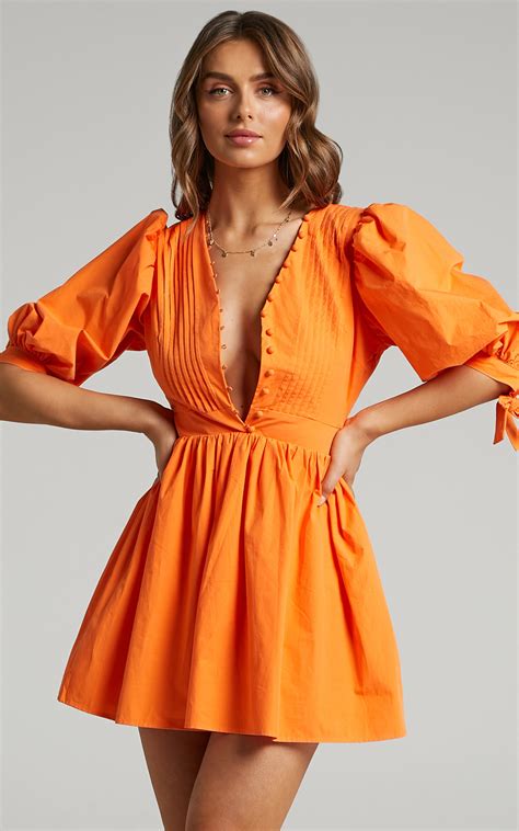 Zandra Puff Sleeve Poplin Mini Dress In Orange Showpo